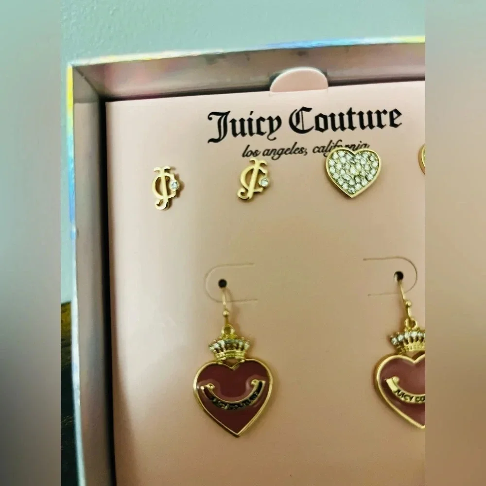 Juicy Couture 3 Pair Heart Earrings Set Crown Pink Rhinestone Stud NWT